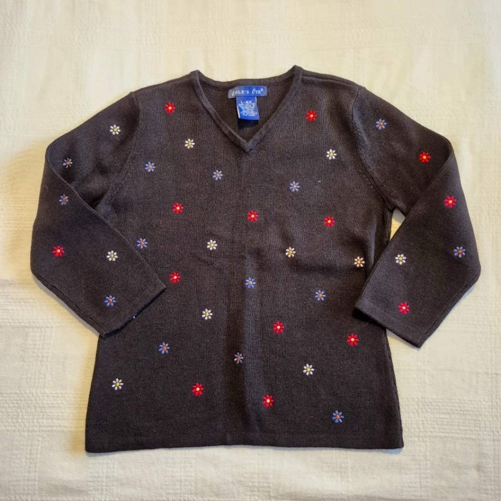 Eagle's Eye girls size 6X black knit shirt with embroidered flowers, EUC